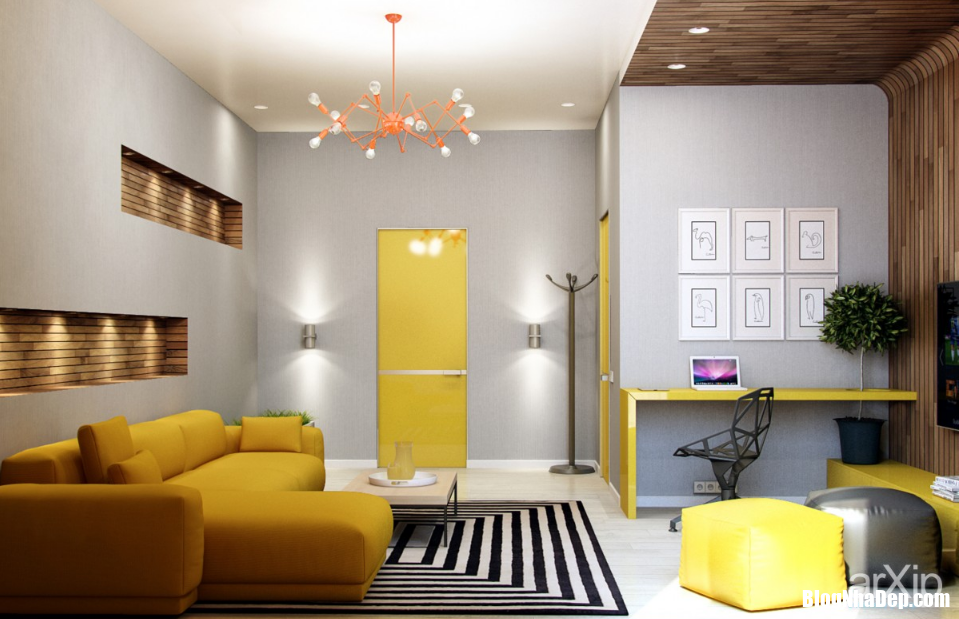 Tạo điểm nhấn sang trọng cho không gian phòng khách với gam màu vàng