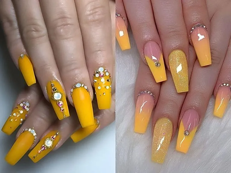 30+ mẫu nail màu vàng đính đá sang chảnh cho nàng thêm nổi bật