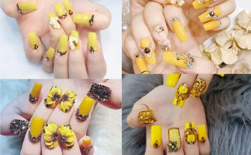 30+ mẫu nail màu vàng đính đá sang chảnh cho nàng thêm nổi bật