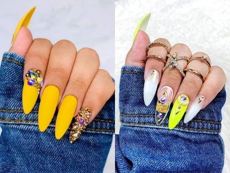 30+ mẫu nail màu vàng đính đá sang chảnh cho nàng thêm nổi bật