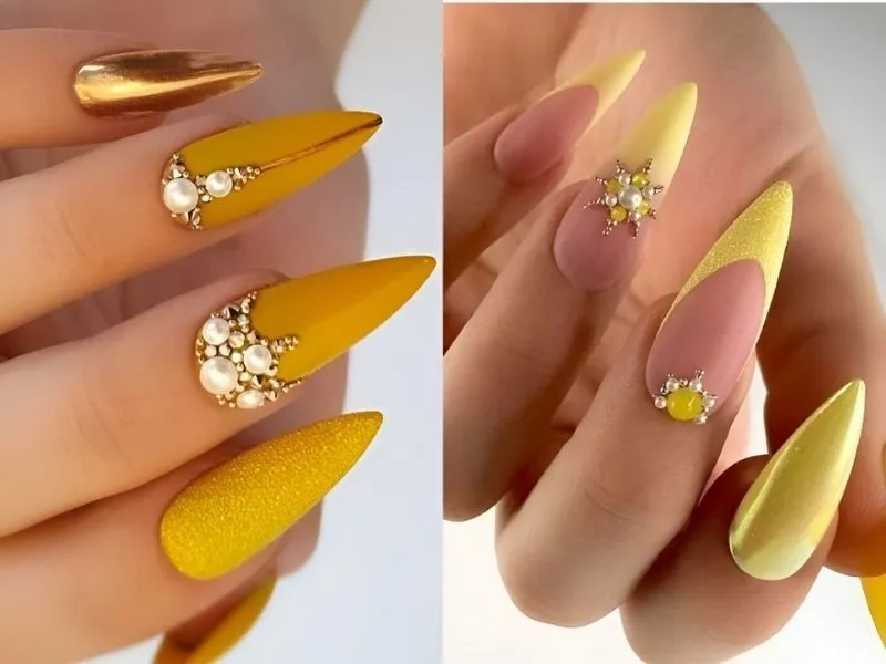 30+ mẫu nail màu vàng đính đá sang chảnh cho nàng thêm nổi bật