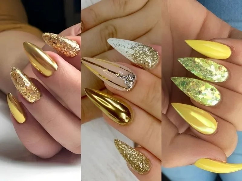 30+ mẫu nail màu vàng đính đá sang chảnh cho nàng thêm nổi bật